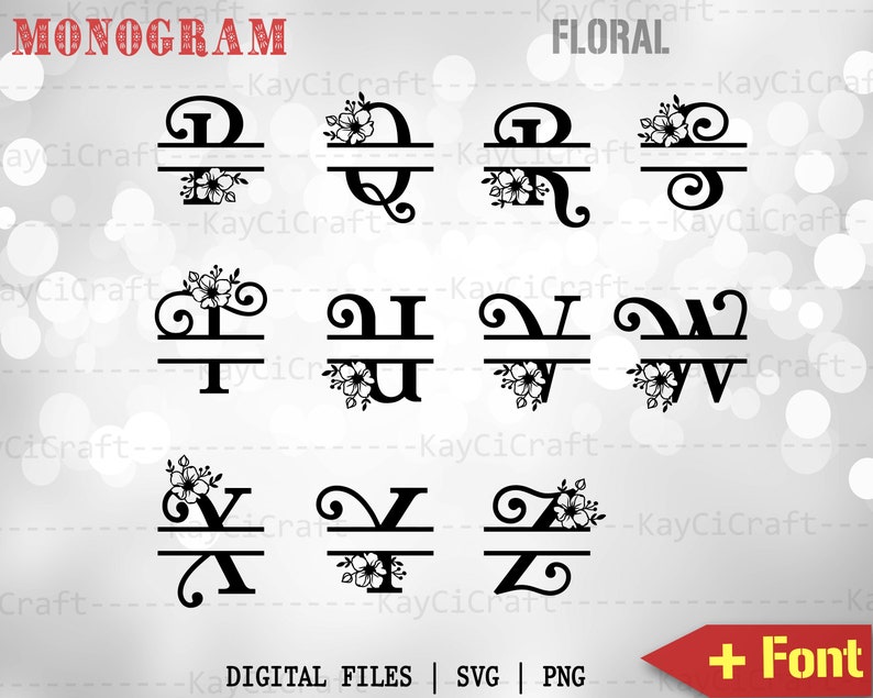 May include: A set of 10 black and white monogram designs featuring a floral element and a split monogram. The letters are P, Q, R, T, U, V, W, X, Y, and Z. The text "MONOGRAM" and "FLORAL" are at the top of the image. The text "DIGITAL FILES | SVG | PNG" is at the bottom of the image. The text "+ Font" is in a red box at the bottom right of the image.