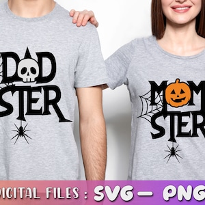 以下が含まれることがあります： ハロウィンをテーマにしたグレーのTシャツ2枚。最初のTシャツには、骸骨とクモの巣が描かれた「Dadster」の文字が書かれている。2枚目のTシャツには、ジャック・オー・ランタンとクモの巣が描かれた「Momster」の文字が書かれている。