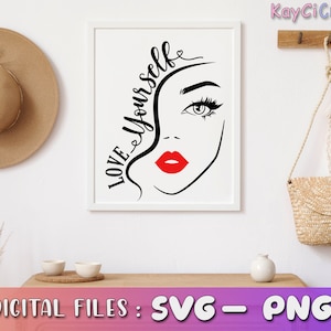 May include: Black and white line art illustration of a woman's face with the text "LOVE YOURSELF" in a cursive font. The woman has red lipstick and a heart above her head.