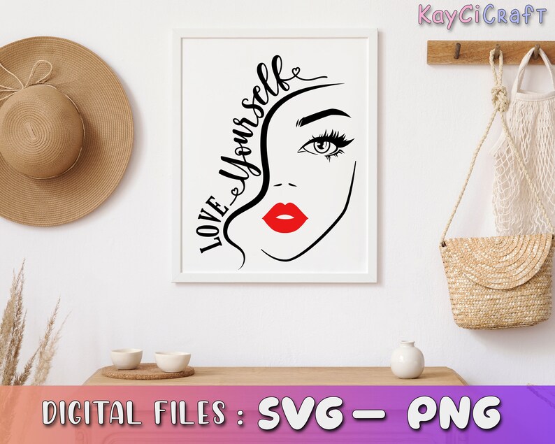 May include: Black and white line art illustration of a woman's face with the text "LOVE YOURSELF" in a cursive font. The woman has red lipstick and a heart above her head.
