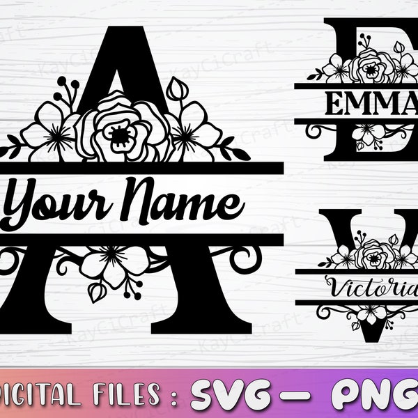 Floral Split Monogram Alphabet SVG | Split Monogram Frame Alphabet|Monogram Letter SVG|Last Name Monogram|Svg / Png /Custom Cut file /Cricut