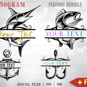 May include: A digital download set of four SVG and PNG files for creating personalized fishing-themed monograms. The set includes a marlin, a fish, and two anchors, each with a space for "Your Text".