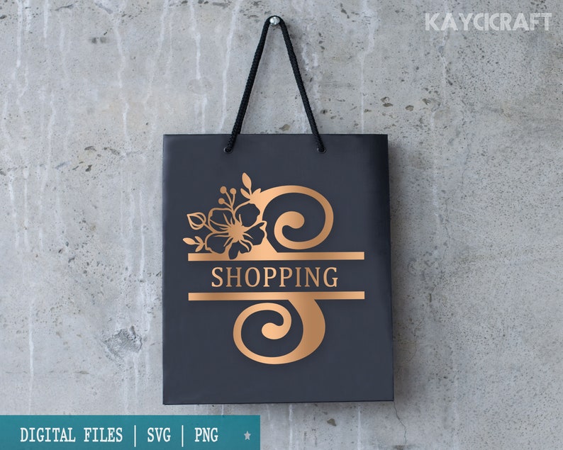 May include: A black shopping bag with a gold floral design and the word "SHOPPING" in a split monogram style.