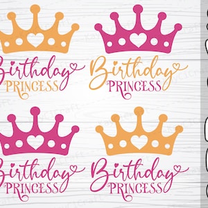 May include: Four digital designs featuring a crown with a heart in the center and the text "Birthday Princess". The crowns are in pink and orange, and the text is in pink.