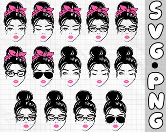 Bundle Messy Bun svg | Messy bun with glasses svg | Momlife svg | Messy Bun Hair SVG| Messy Bun Woman Svg|Svg / Png /Custom Cut file /Cricut