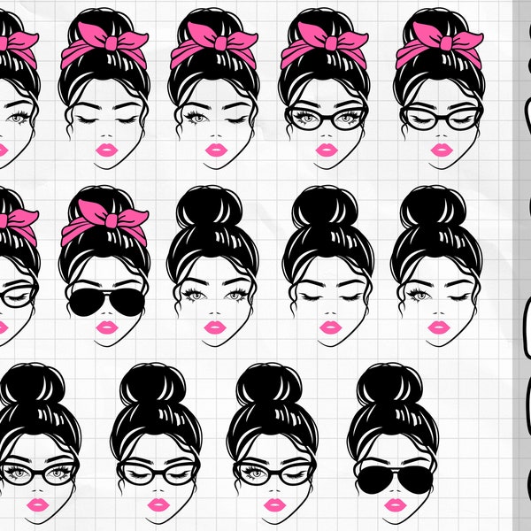 Bundle Messy Bun svg | Messy bun with glasses svg | Momlife svg | Messy Bun Hair SVG| Messy Bun Woman Svg|Svg / Png /Custom Cut file /Cricut