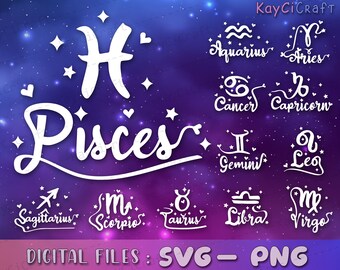 Zodiac Star Sign Names Bundle SVG PNG | Zodiac | Bundle l Svg l Png l Custom Cut file l Cricut