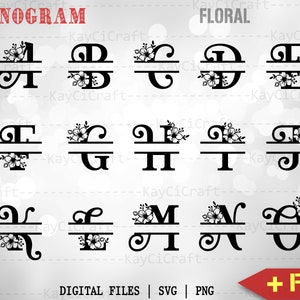 May include: A set of 26 split monogram letters with floral accents. Each letter is separated by a horizontal line and features a floral design above the line. The letters are in black and the flowers are in white.