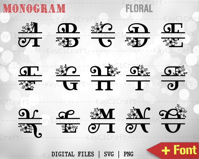 May include: A set of 26 split monogram letters with floral accents. Each letter is separated by a horizontal line and features a floral design above the line. The letters are in black and the flowers are in white.
