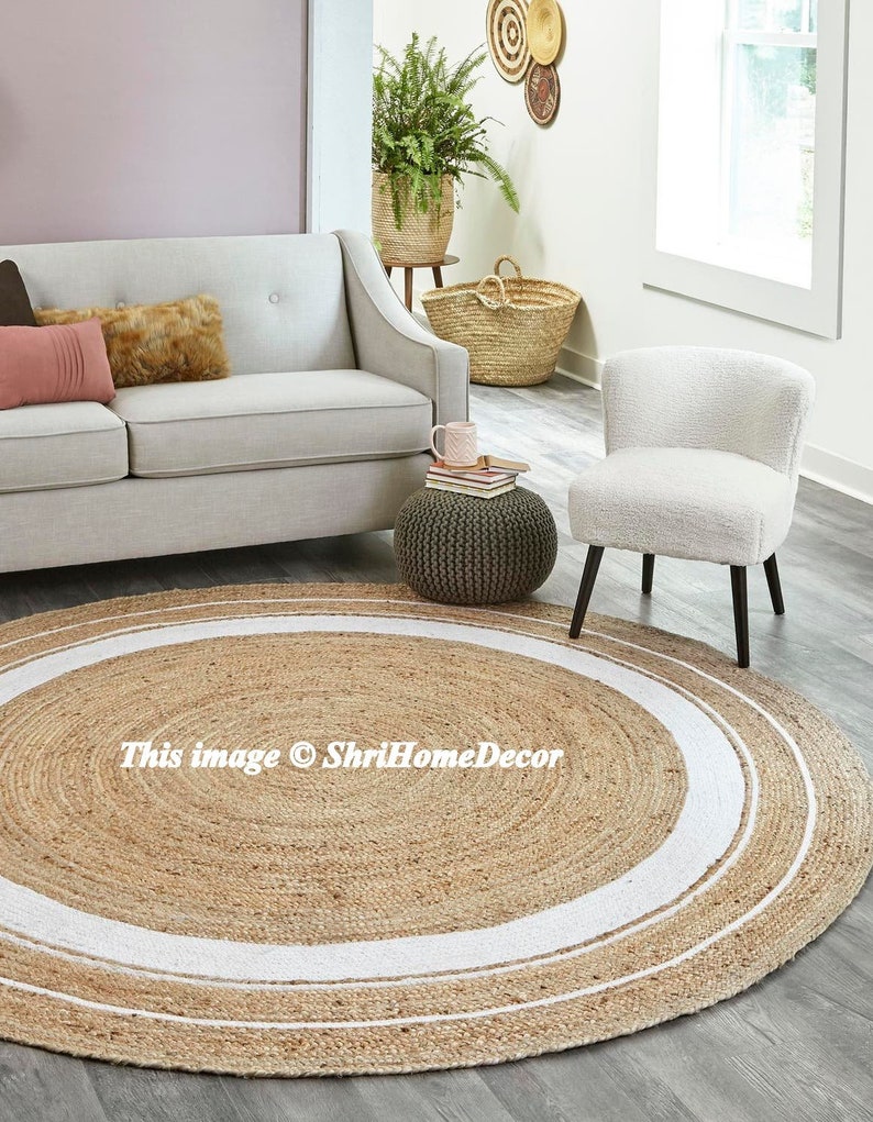 Indian Braided Rug Floor Rug Handmade Jute Rug Beautiful Floor Rug 6x6 Feet Natural Jute Round Rug Indian Handwoven Ribbed Solid Area Rugs
