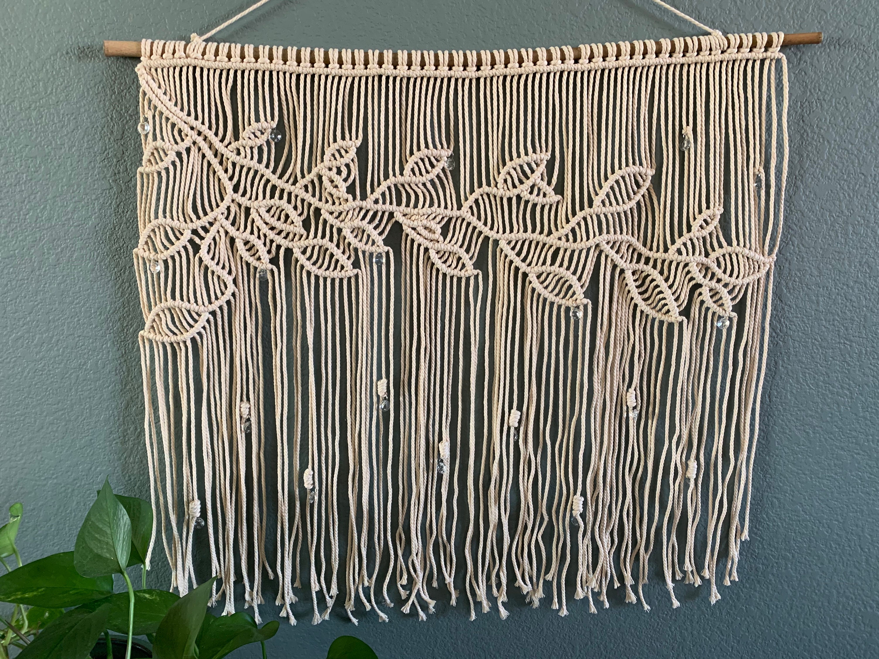 Leaf and Vine Macrame Wall Hanging With Crystal Accents Etsy