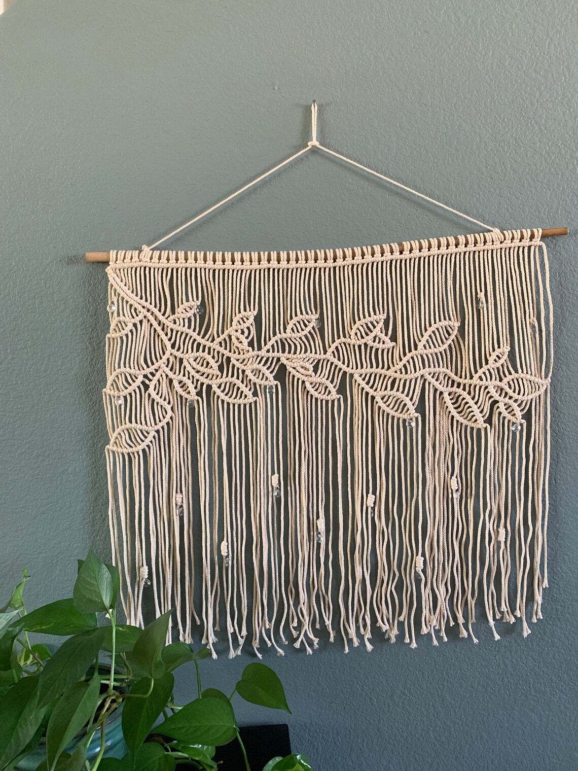 Leaf and Vine Macrame Wall Hanging With Crystal Accents Etsy