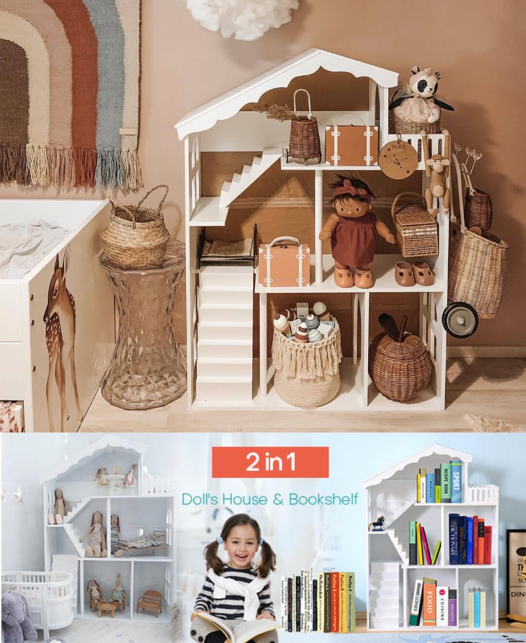 Wooden Dollhouse & Bookshelf 2 in 1 Pretend Furniture Etsy