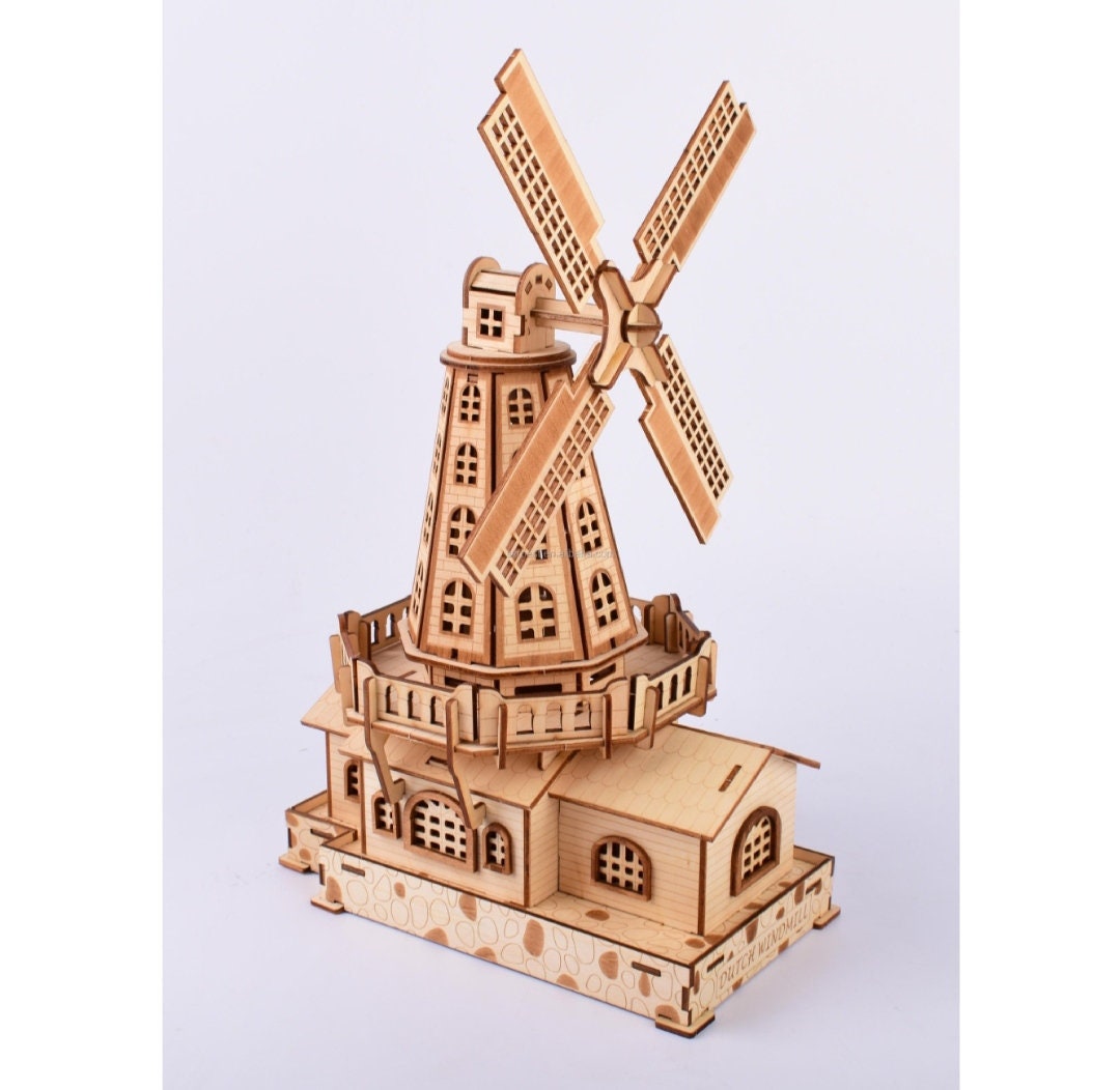 Dutch Windmill DIY 3D Wooden Puzzle Kit Mechanical Movement Etsy