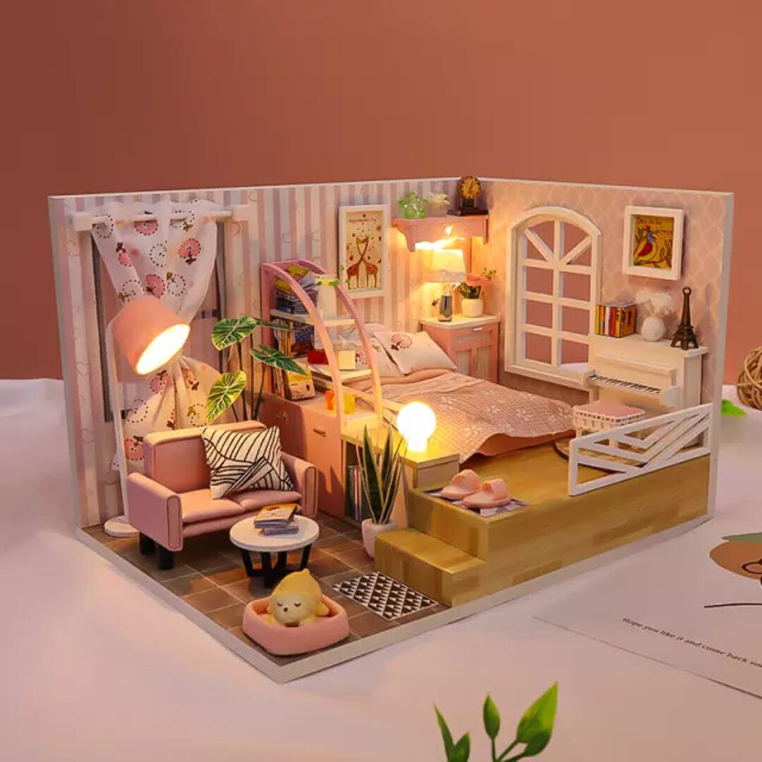 DIY Dollhouse Kit Modern Living Pink Girl Bedroom Miniature Etsy