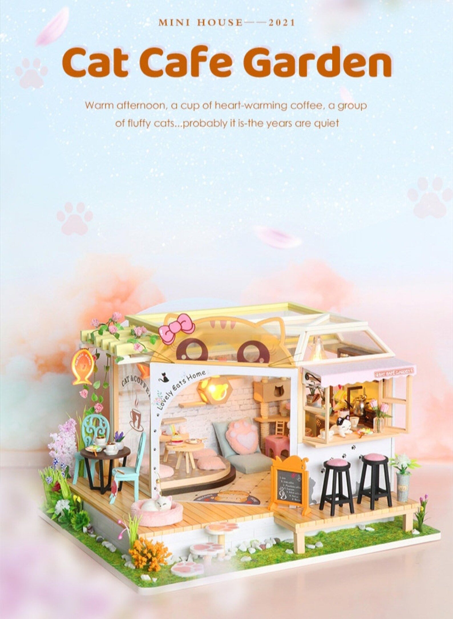 DIY Dollhouse Kit Cat Garden Cafe Miniature With Cat Etsy