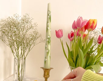 Hand-Painted Snowdrop Candle | Floral Taper Candle