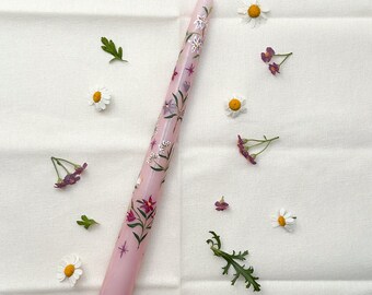 Hand Painted Lily Taper Candle | Pink Floral Wedding Table Decor, Bridal Shower Gift