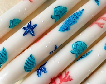 Hand-Painted Seashell Coral Taper Candle | Coastal Summer Dinner Candle