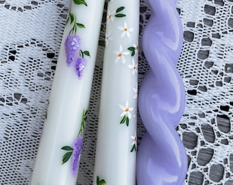 Hand-Painted Taper Candles: Lilac & White Floral Design