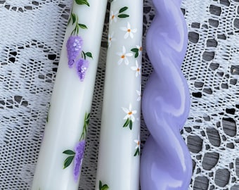 Lilac Love & White Magic Hand Painted Candles | Illustrated candles | Taper Candles | Ivory painted candles | Stick Candles