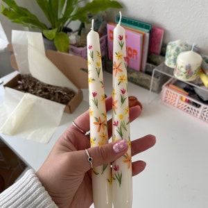 Blooming for you & Spring Bound Hand Painted Candle Illustrated candle Taper Candle Ivory painted candle image 5