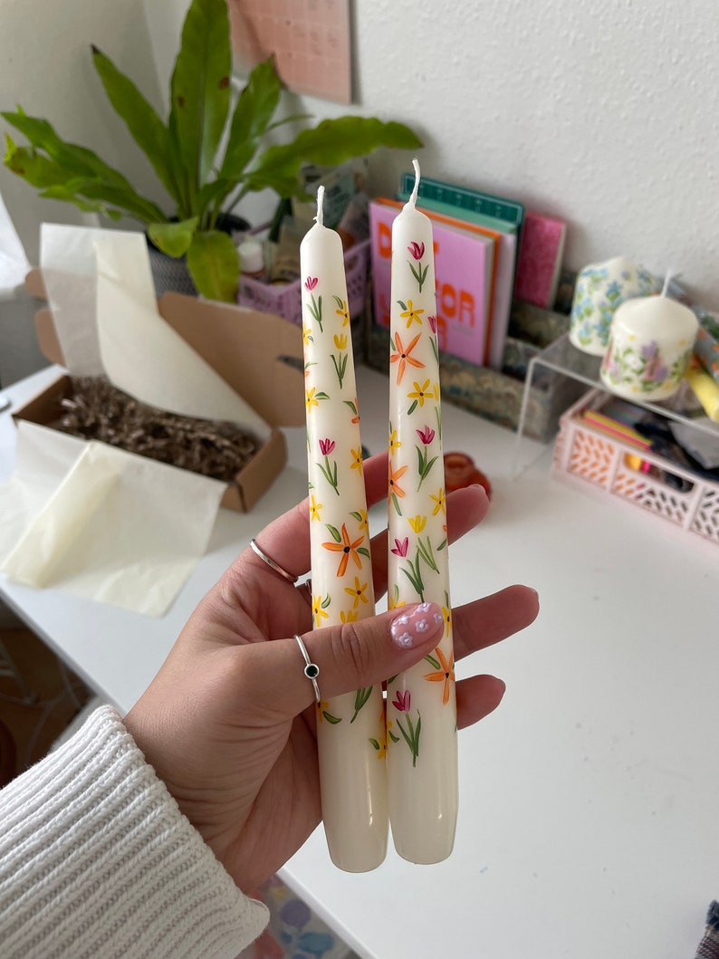 Blooming for you & Spring Bound Hand Painted Candle Illustrated candle Taper Candle Ivory painted candle image 5