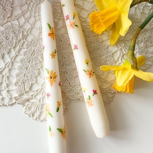 Blooming for you & Spring Bound Hand Painted Candle Illustrated candle Taper Candle Ivory painted candle image 1
