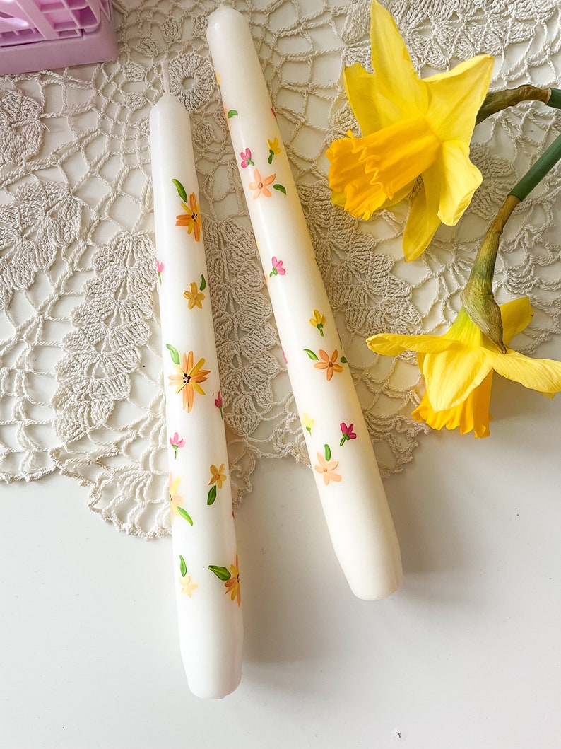 Blooming for you & Spring Bound Hand Painted Candle Illustrated candle Taper Candle Ivory painted candle image 1