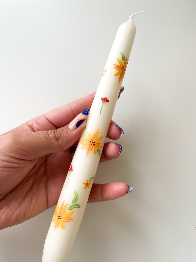 Blooming for you & Spring Bound Hand Painted Candle Illustrated candle Taper Candle Ivory painted candle image 3