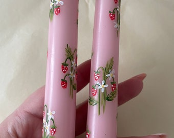 Hand Painted Wild Strawberry Pink Taper Candle: Summer Decor