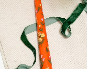 Orange Floral Spring Candle | Mothers Day | Hand painted candle | Dinner candle | Tapered candle