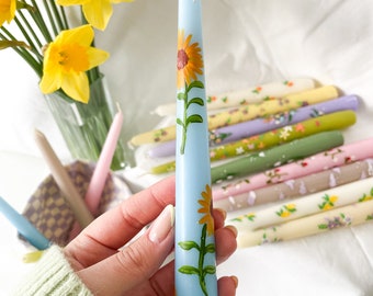 Sunflower Love | Dinner Candle | Tapered Candle | Hand Painted blue candle | Summer candle