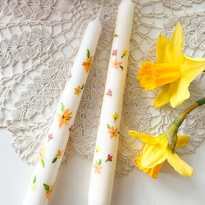 Blooming for you & Spring Bound Hand Painted Candle Illustrated candle Taper Candle Ivory painted candle image 2