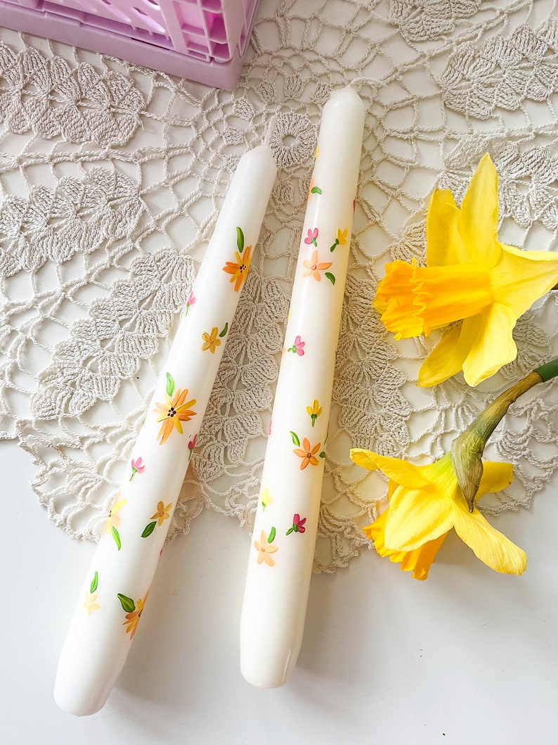 Blooming for you & Spring Bound Hand Painted Candle Illustrated candle Taper Candle Ivory painted candle image 2