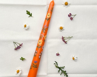 Hand Painted Orange Taper Candle | Floral Summer Wedding Dinner Candle