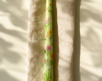 Spring bloom garden dinner candle | Green floral candle | Tapered Dinner Candle | Hand painted | Illustrated candle