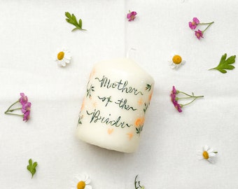 Hand‑Painted “Mother of the Bride” Pillar Candle – Personalized Wedding Gift, Keepsake for MOM, Artisanal UK-Made Wedding present