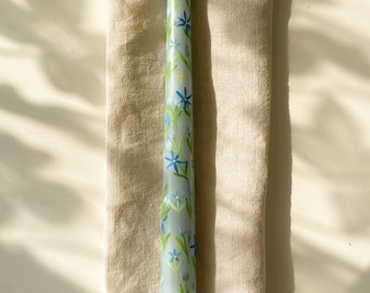 Hand-Painted Taper Candle: Blue Floral Illustration