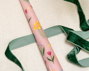 Hand-Painted Floral Taper Candle | Pink Cottagecore Decor