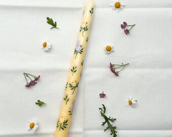Hand Painted Yellow Taper Candle | Lilac Floral Wedding Dinner Candle | Summer Bridal Gift