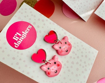 Cute pig earrings with red mirror acrylic heart studs | Polymer clay | Hand painted