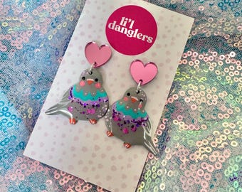 Cute pigeon dangle earrings | Stud or hook | Polymer clay