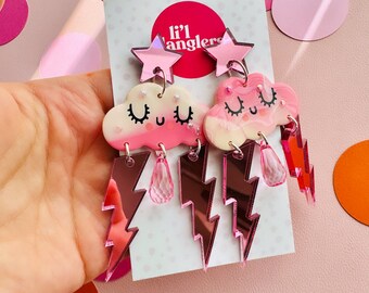 Pink 'Squashies' cloud statement dangle earrings with acrylic lightning bolts | Polymer clay | Acrylic