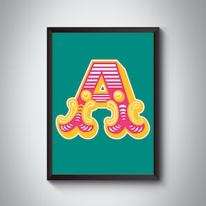 Ein Briefdruck | Heller, kräftiger Karnevals-Anfangsbuchstaben-Kunstdruck | Zirkus-Typografie | | 4 Farboptionen | A5, A4, A3, A2, A1 Kunstdruck