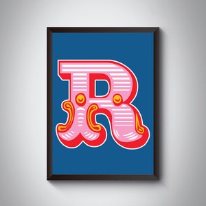 Impresión de letras R / Impresión de arte de letras iniciales de carnaval brillante y audaz / Tipografía de circo/ / 4 colores / A5, A4, A3, A2, A1 Impresión de arte / Enmarcado