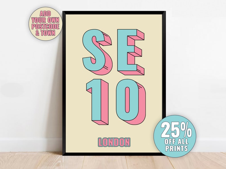 ロンドンの郵便番号プリントをカスタマイズ – SE10 グリニッジ、ロンドン タイポグラフィ ジクレー アート プリント、額入りまたは額なしのギフト Blue & Pink