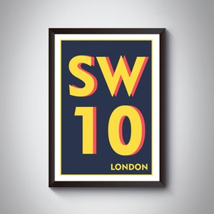 SW10 Chelsea - Londen Print. Postcode Typografie Art Print. Verkrijgbaar in meerdere kleuren.