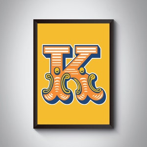 K Briefdruck | Knalliger, mutiger Fasching Buchstabe Kunstdruck | Zirkus Typografie| | 4 Farben | A5, A4, A3, A2, A1 Kunstdruck | Gerahmt