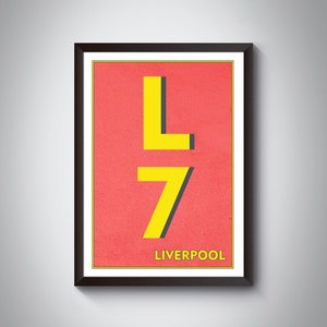 May include: A framed print with a red background and yellow text. The text says "L7 LIVERPOOL".